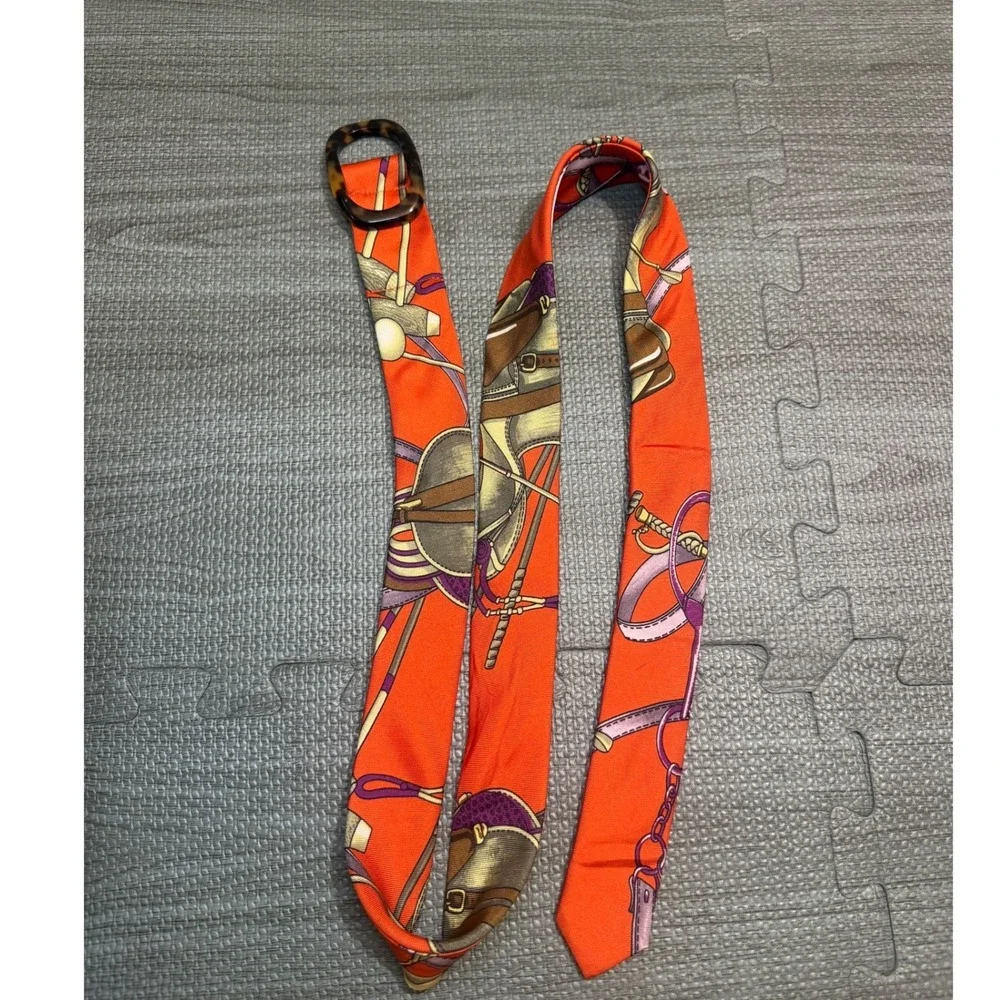 J.Crew Womens Orange Silk Equestrian Print Sash Belt Tortoiseshell Buckle M/L